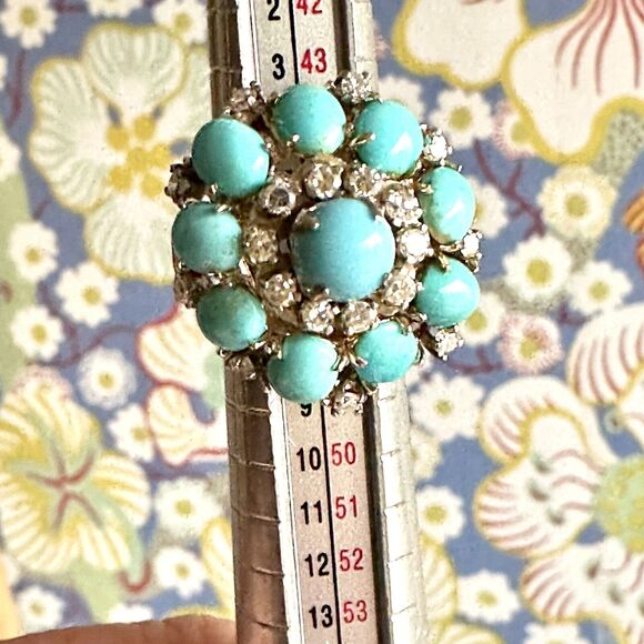 Vintage Diamond Turquoise Cocktail Ring Bombe Style - Picture 4 of 9